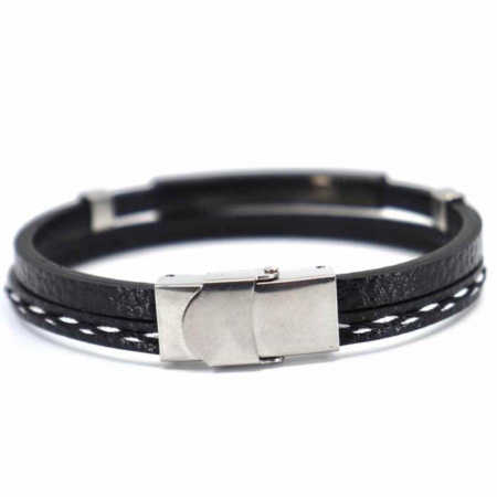 Bratari piele barbati - Bratara piele barbati dubla cu placuta inox personalizata, neagra