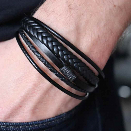 Bratara piele barbati neagra, inchizatoare inox personalizata [3]