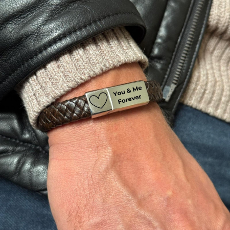 Brățară Piele Bărbați Personalizată cu Gravură Text, Închidere Magnetică Argintie, Inox [2]