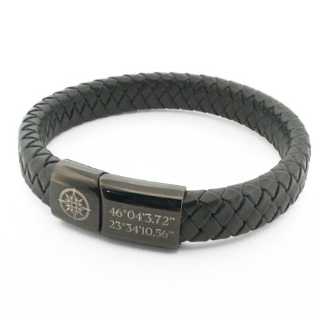 Bratari piele barbati - Brățară Piele Bărbați Personalizată cu Gravură Text, Închidere Magnetică Neagră, Inox