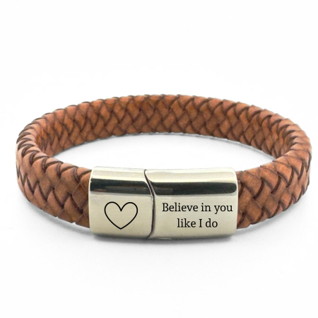 Bratari piele barbati - Brățară Bărbați Personalizată, Piele Naturală Maro 10mm, Închidere Magnetică Argintie, Inox