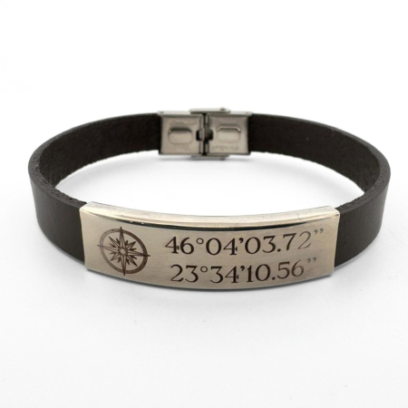 Bratari piele barbati - Brățară Piele Bărbați Personalizată cu Gravură Text - Plăcuță și Închidere din Inox Argintiu