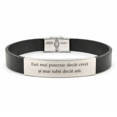BIJUTERII OTEL INOXIDABIL - Brățară Piele Bărbați Personalizată cu Gravură Text - Plăcuță și Închidere din Inox Argintiu