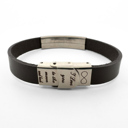 Brățară Piele Bărbați Personalizată cu Gravură Text - Plăcuță și Închidere din Inox, Piele Maro [11]