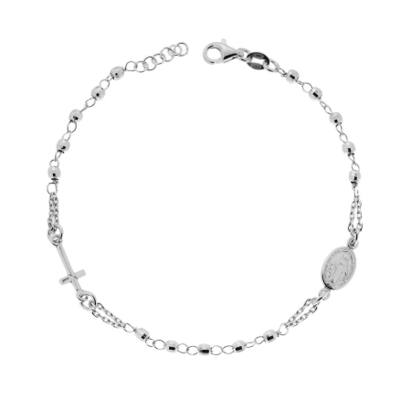 Brățări Rozariu din Argint 925 - Brățară Rozariu Argint 925 Rodiat - Biluțe Diamantate 3 mm, Cruce și Medalion