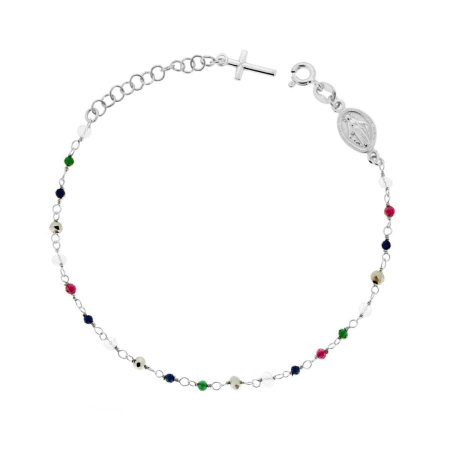Brățări Rozariu din Argint 925 - Brățară Rozariu Argint 925 Rodiat - Cristale Multicolore 3 mm, Cruce și Medalion