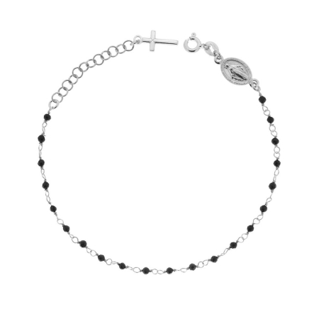 Brățări Rozariu din Argint 925 - Brățară Rozariu Argint 925 Rodiat - Cristale Negre 2 mm, Cruce și Medalion