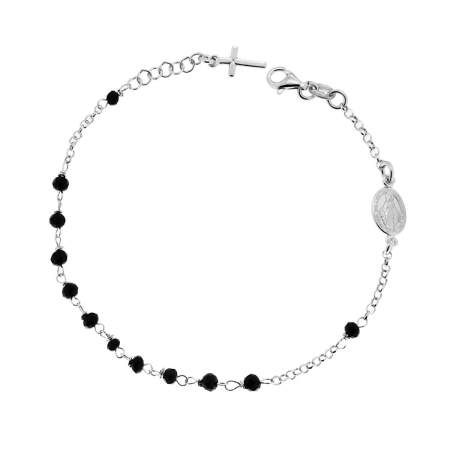 Brățări Rozariu din Argint 925 - Brățară Rozariu Argint 925 Rodiat - Cristale Negre 3,5 mm, Cruce și Medalion
