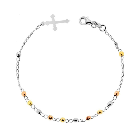 Brățări Rozariu din Argint 925 - Brățară Rozariu Argint 925 Tricolor - Biluțe Diamantate 3 mm și Cruce