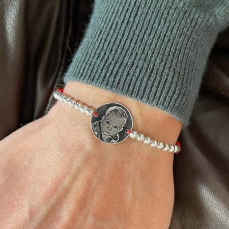 Bratari personalizate cu poza - Brățară șnur cu biluțe și bănuț Argint 925 personalizată cu poză