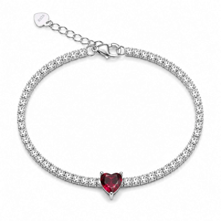 Bratari Tennis Argint - Brățară Tennis Damă Red Heart - Argint 925 Rodiat, Zirconiu Alb 2 mm - Reglabilă