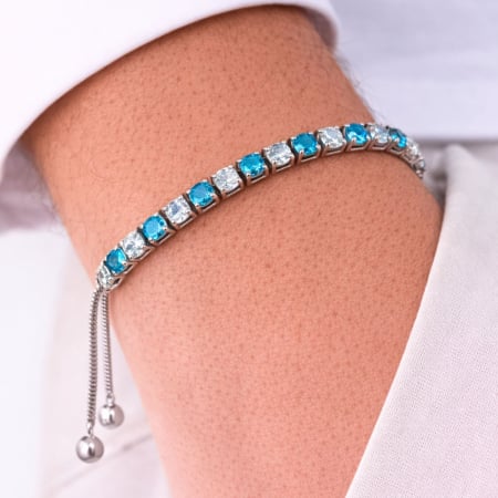 Bratari Tennis - Brățară Tennis Argintie din Oțel Inoxidabil cu Cristale Zirconiu Alb și Albastru 4 mm, Reglabilă