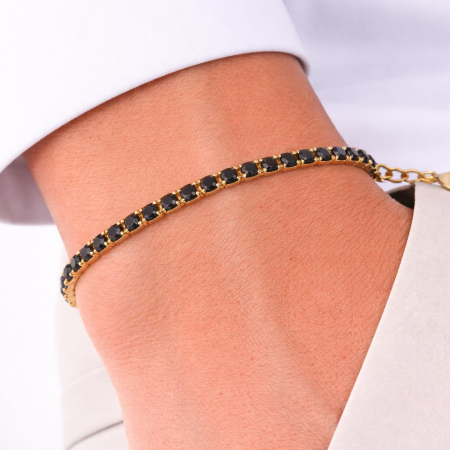 Bratari Tennis - Brățară Tennis Placată cu Aur 18K, Cristale Zirconiu Negru 3 mm, Unisex -  Oțel Inoxidabil, Lanț Reglabil (17+4 cm)