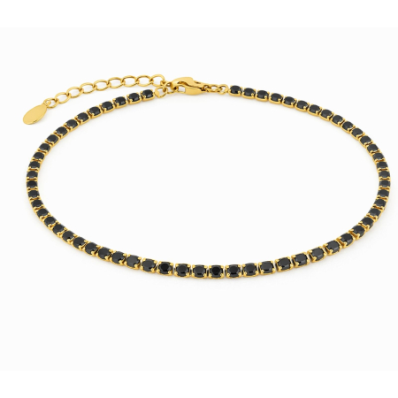 Bratari Tennis - Brățară Tennis Placată cu Aur 18K, Cristale Zirconiu Negru 3 mm, Unisex -  Oțel Inoxidabil, Lanț Reglabil (17+4 cm)