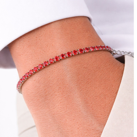 Bratari Tennis - Brățară Tennis cu Cristale Zirconiu Roșu 3 mm, Unisex - Oțel Inoxidabil, Lanț Reglabil (17+4 cm)