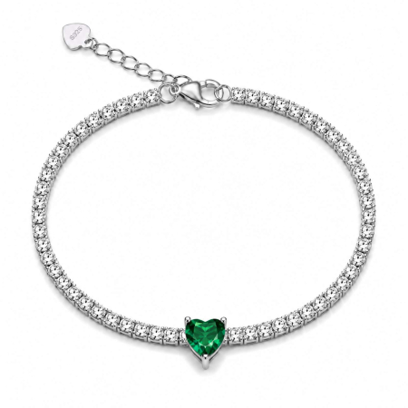 Bratari Tennis Argint - Brățară Tennis Damă Green Heart - Argint 925 Rodiat, Zirconiu Alb 2 mm - Reglabilă