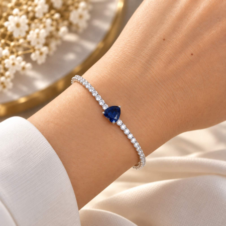Bratari Tennis Argint - Brățară Tennis Damă Blue Heart - Argint 925 Rodiat, Zirconiu Alb 2 mm - Reglabilă