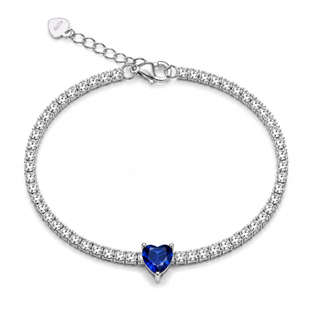 Bratari Tennis Argint - Brățară Tennis Damă Blue Heart - Argint 925 Rodiat, Zirconiu Alb 2 mm - Reglabilă
