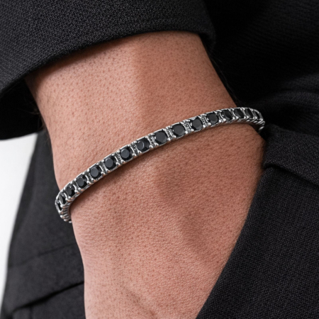 Bratari Tennis - Brățară Tennis Argintie din Oțel Inoxidabil cu Cristale Zirconiu Negru 3 mm, Reglabilă, Unisex