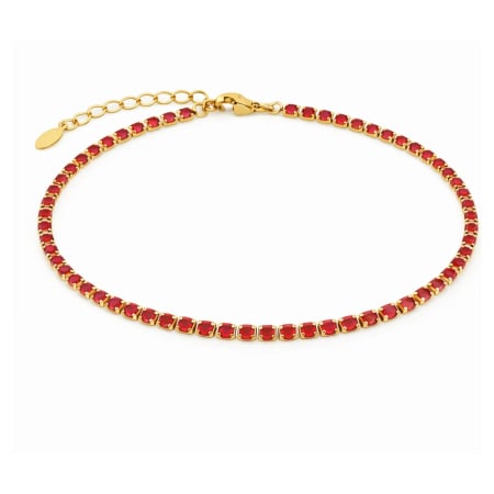 Bratari Tennis - Brățară Tennis Placată cu Aur 18K, Cristale Zirconiu Roșu 3 mm, Unisex -  Oțel Inoxidabil, Lanț Reglabil (17+4 cm)