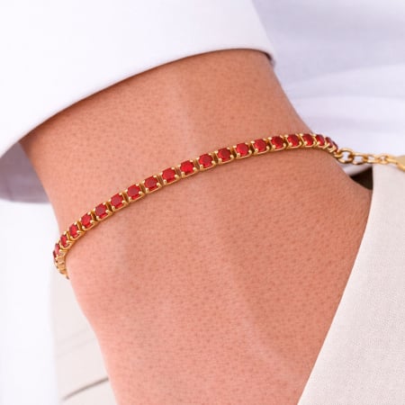 Bratari Tennis - Brățară Tennis Placată cu Aur 18K, Cristale Zirconiu Roșu 3 mm, Unisex -  Oțel Inoxidabil, Lanț Reglabil (17+4 cm)