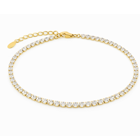 Bratari Tennis - Brățară Tennis Placată cu Aur 18K, Cristale Zirconiu Alb 3 mm, Unisex -  Oțel Inoxidabil, Lanț Reglabil (17+4 cm)
