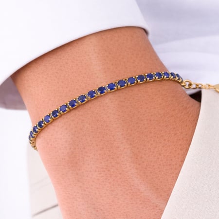 Bratari Tennis - Brățară Tennis Placată cu Aur 18K, Cristale Zirconiu Albastru 3 mm, Unisex - Oțel Inoxidabil, Lanț Reglabil (17+4 cm)