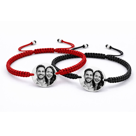 Bratari Argint Personalizate - Brățări Cuplu Personalizate - Bănuț Argint 18 mm Gravat cu Poză și Text, Șnur Împletit Reglabil