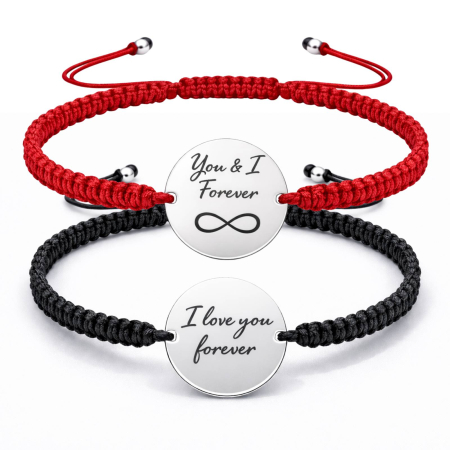 Bratari Argint Personalizate - Brățări Cuplu Personalizate - Bănuț Argint 18 mm Gravat Text, Șnur Împletit Reglabil