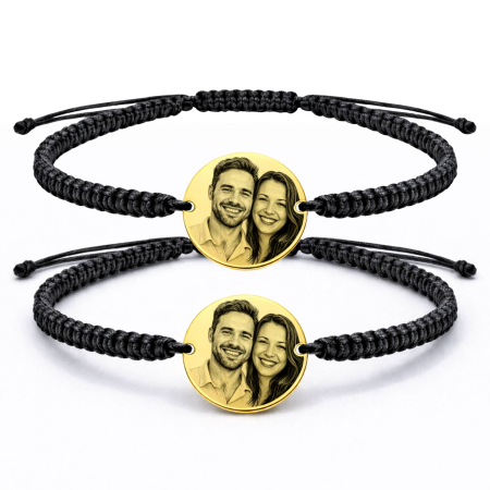 Bratari Personalizate Cuplu - Brățări Cuplu Personalizate cu Poză – Bănuț Argint Placat Aur 18K 19 mm, Șnur Împletit Reglabil