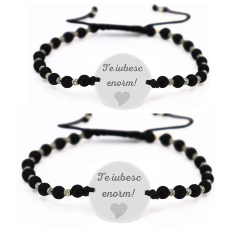 Cadouri sub 300 RON - Brățări Personalizate Cuplu - Bănuț Argint 18 mm Gravat cu Poză și Text, Onix și Biluțe Argint, Șnur Reglabil