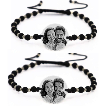 Cadouri sub 300 RON - Brățări Personalizate Cuplu - Bănuț Argint 18 mm Gravat cu Poză și Text, Onix și Biluțe Argint, Șnur Reglabil