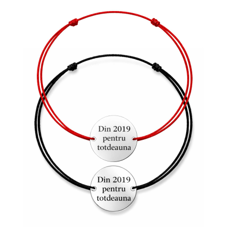 Bratari Argint Personalizate - Brățări Personalizate Cuplu - Bănuț Argint 18 mm Gravat Text, Șnur Reglabil
