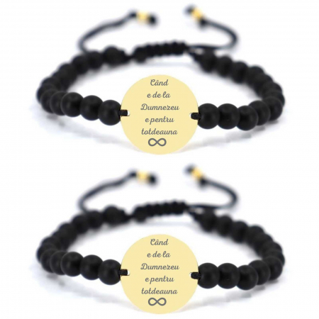 Cadouri sub 300 RON - Brățări Personalizate Cuplu - Bănuț Argint 19 mm Placat cu Aur, Gravat Text, Pietre Onix 6mm, Șnur Reglabil