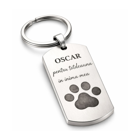 Brelocuri - Breloc Personalizat cu Amprentă Lăbuță Cățel- Plăcuță Inox 40x23 mm, Gravură Laser
