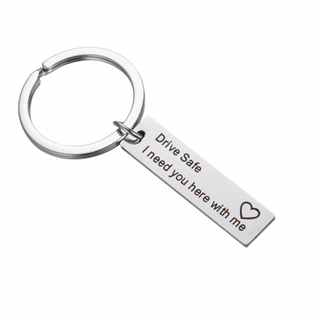 Brelocuri - Breloc Cheie Auto Personalizat Drive Safe - Plăcuță Inox Argintie 40x10 mm, Gravură Laser, Garanție pe Viață