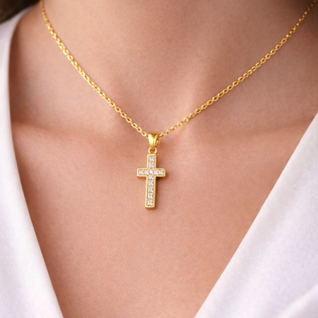 COLIERE - Colier cu Cruciuliță Placat cu Aur 18K, Cristale Zirconiu Alb, pentru Damă, Oțel Inoxidabil Premium