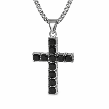 Lantisoare inox - Colier cu Cruciuliță și Cristale Zirconiu Negru, Oțel Inoxidabil Premium, Rezistent la Apă