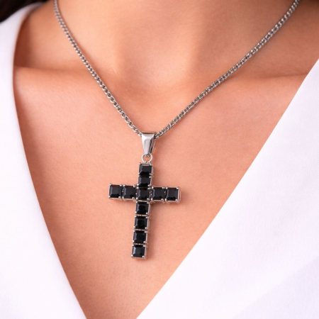 Lantisoare inox - Colier cu Cruciuliță și Cristale Zirconiu Negru, Oțel Inoxidabil Premium, Rezistent la Apă