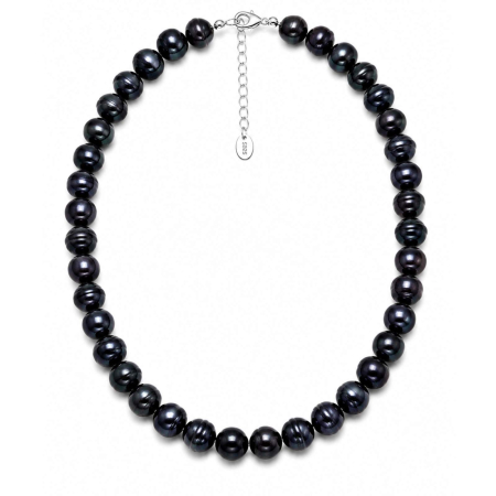 Coliere cu Perle - Colier cu Perle de Cultură Negre 7-8 mm și Argint 925, Reglabil 42+5 cm