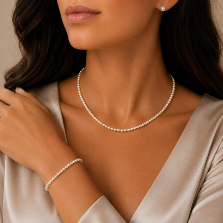 Coliere cu Perle - Set Colier și Brățară Damă cu Perle de Cultură 4 mm și Argint 925, Reglabile - Eleganță și Stil