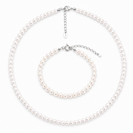 Coliere cu Perle - Set Colier și Brățară Damă cu Perle de Cultură 4 mm și Argint 925, Reglabile - Eleganță și Stil