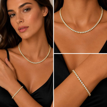 Coliere Tennis - Colier Tennis din Argint 925 Placat cu Aur 18K, Zirconiu Alb
