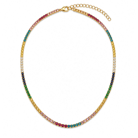COLIERE - Colier Tennis Argint Placat cu Aur și Cristale Zirconiu Multicolor – Lungime Reglabilă 45 cm