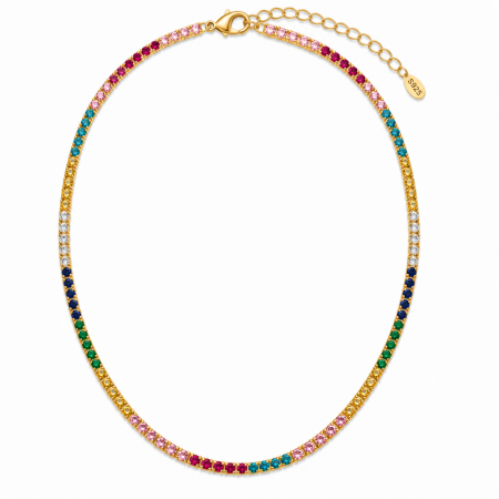 Coliere Tennis - Colier Tennis Argint Placat cu Aur și Cristale Zirconiu Multicolor – Lungime Reglabilă 45 cm
