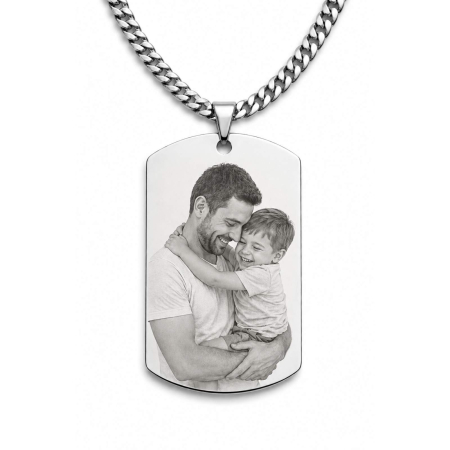 Cadouri pentru Tata - Lănțișor Personalizat pentru Tata - Gravură Foto și Mesaj, Inox Premium, Lanț Cuban