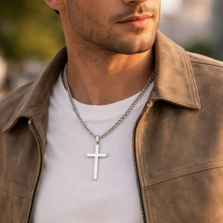 LANTISOARE - Lanț Bărbați cu Cruce Personalizată – Lanț Figaro 60 cm, Inox, Gravură Text