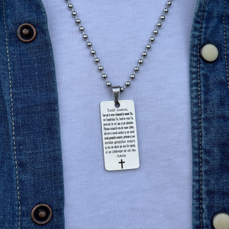Lanturi Personalizate - Lănțișor Personalizat cu Rugăciunea „Tatăl Nostru”, Oțel Inoxidabil, Lanț cu Bile 4 mm – Pentru Bărbați