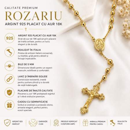 Rozariu Bărbați Argint 925 Placat cu Aur - Bile de 5mm, Lungime 70 cm [5]