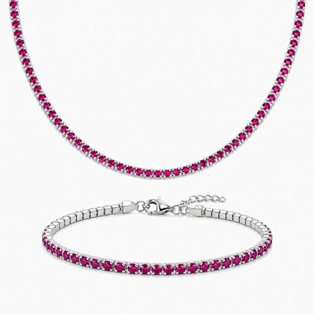 Seturi Bijuterii - Set Bijuterii Argint 925 – Colier și Brățară Tennis cu Zirconiu Fucsia